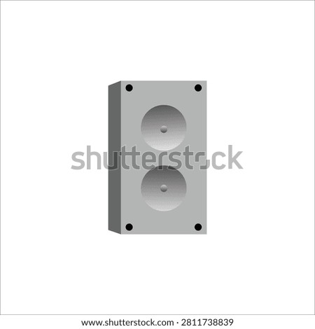 A clean, modern, and high-visibility vector illustration of an audio speaker box. The design features a minimalist boxy silhouette with soft grey gradients creating a subtle 3D depth effect. It showcases two circular speaker cones aligned vertically, along with four black screw accents in the corners of the front panel. Set against a pure white backdrop, this versatile graphic symbol beautifully visualizes sound amplification, music entertainment, home theater systems, and studio electronics. It is perfectly tailored for technology blog headers, electronic store promotional flyers, music streaming app interfaces, concert event posters, and modern multimedia infographics