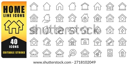 Clean And Modern Home Line Icon Set Featuring 40 Editable Stroke Icons For Real Estate, Property Management, Smart Home, Security, Rent, Sale, And Housing Applications In Web, App, And Print Design. Isolated Vector icons.