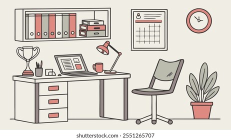 A clean, modern home office is depicted with a desk, laptop, chair, lamp, shelves, and a trophy, symbolizing productivity and a comfortable work environment.