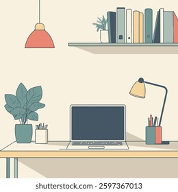 A clean and modern home office space featuring a desk with a laptop, various stationery items, and decorative plants.