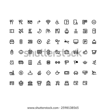 A clean and modern hotel icon bundle designed for travel and hospitality apps. Includes icons for hotel facilities, booking statuses, amenities, and room services.