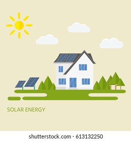 Clean modern house with solar panels. Eco friendly alternative energy. Ecosystem infographics. Flat vector illustration.