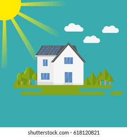 Clean modern house with solar panels. Eco friendly alternative energy. Ecosystem infographics. Flat vector illustration.