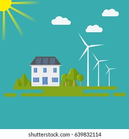 Clean modern house with solar panels and wind-turbines. Eco friendly alternative energy. Ecosystem infographics. Flat vector illustration.