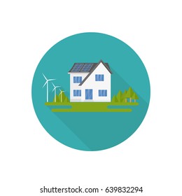 Clean modern house with solar panels and wind-turbines. Eco friendly alternative energy. Ecosystem infographics. Flat vector illustration.