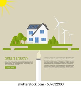 Clean modern house with solar panels and wind-turbines. Eco friendly alternative energy. Ecosystem infographics. Flat vector illustration.