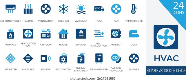 A clean and modern HVAC icon set featuring  essential symbols, including air conditioner, furnace, fan, sensor, ventilation, air duct, and more. 