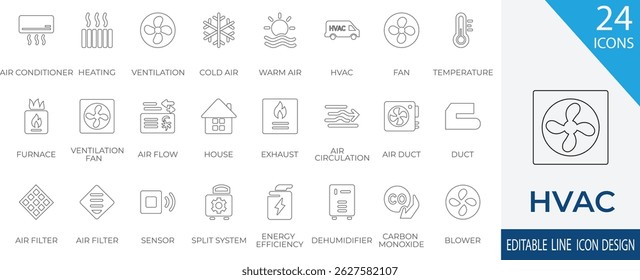 A clean and modern HVAC line  icon set featuring  essential symbols, including air conditioner, furnace, fan, sensor, ventilation, air duct, and more. 