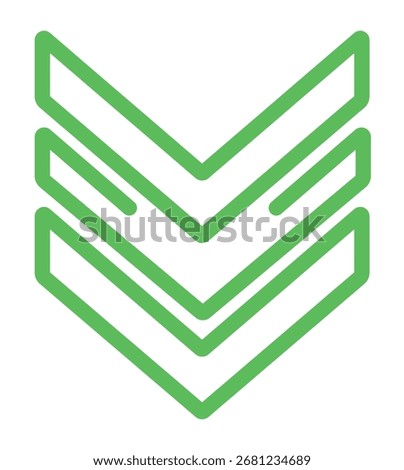 A clean and modern icon featuring three stacked green chevrons pointing downward. This minimalist geometric design is perfect for logos, app icons, website buttons,
