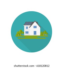 Clean modern icon house with solar panels. Eco friendly alternative energy. Ecosystem infographics. Flat vector illustration.