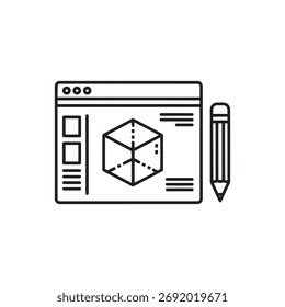 Um ícone limpo e moderno representando software de modelagem 3D, com um cubo de arame em uma tela e um lápis, perfeito para conceitos de design e engenharia.