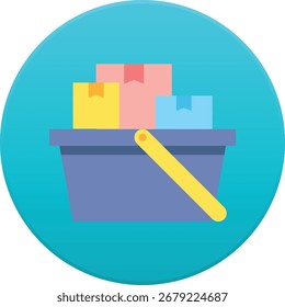 Um ícone limpo e moderno que representa uma cesta de compras completa, ideal para e-commerce, varejo ou aplicativos relacionados a supermercados. Apresenta contornos em negrito e formas simples.
