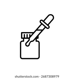 Um ícone limpo e moderno representando um conta-gotas de vidro com uma gota de líquido suspensa da sua ponta, posicionado acima de uma garrafa aberta, isolado em um fundo branco plano para a versatilidade.