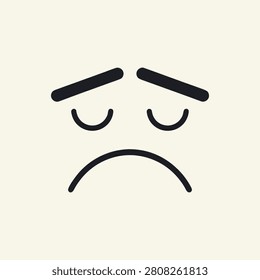 Clean, modern icon of a sad face with downturned eyes and mouth, ideal for digital interfaces and emotional design concepts.