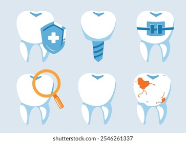 Um conjunto de ícones limpo e moderno com conceitos de saúde dentária, incluindo proteção de escudo, aparelhos, cavidades e inspeções, projetado para temas de higiene bucal.