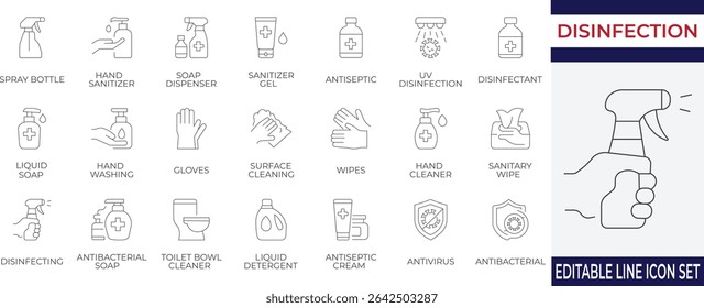 Clean and modern icon set featuring essential hygiene, disinfection, and sanitizing items. Perfect for healthcare, safety materials, cleaning product designs, and digital guides.