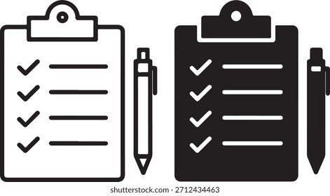 Ein sauberes, modernes Icon-Set mit Zwischenablage, Checkliste und Stift, präsentiert in Umrissen und Volltonstilen für vielseitige Design-Anwendungen.