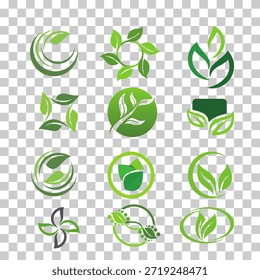 A clean and modern icon set featuring green leaves, recycling symbols, and nature inspired elements, perfect for sustainability, environment, and green energy designs on transparent background. 