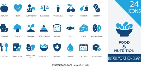 A clean and modern icon set focused on healthy eating and balanced nutrition. fruits, proteins, vitamins, food pyramid, meal plans, and more. Perfect for diet apps, health blogs and nutritionist use.