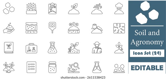 A clean and modern icon set illustrating key concepts in soil health and agronomy—ideal for agricultural, environmental, and educational design projects.