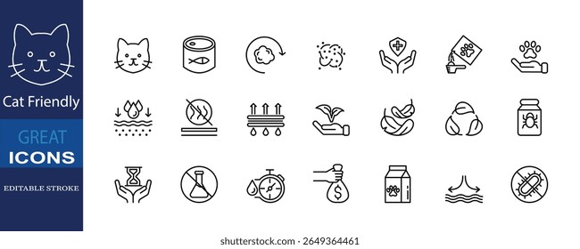 A clean, modern icon set representing tofu cat litter features: clumping, odor control, eco-friendliness, absorption, safety, and hygiene. Ideal for packaging or product labels.