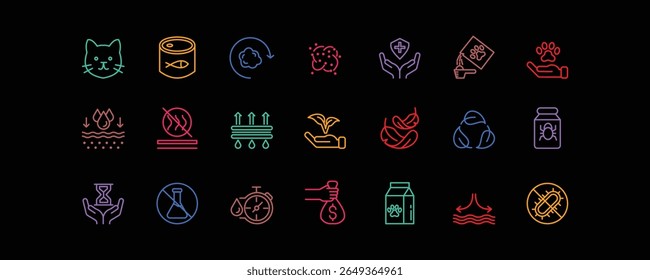 A clean, modern icon set representing tofu cat litter features: clumping, odor control, eco-friendliness, absorption, safety, and hygiene. Ideal for packaging or product labels.