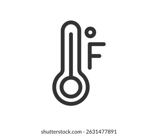 Clean, modern icon of a thermometer showing Fahrenheit temperature. Suitable for weather, science, healthcare, or educational designs. Symbolic  versatile.
