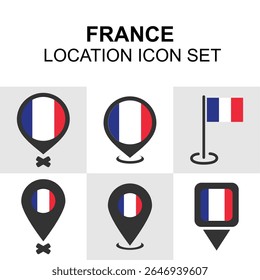 Clean and modern icons of France’s flag in map pin and location styles, ideal for apps, infographics, and travel content.