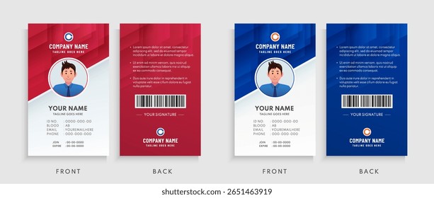 Modelo de cartão de identidade limpo e moderno adequado para uso corporativo, de funcionários ou de escritório. Vetor totalmente editável no formato EPS, pronto para impressão e fácil de personalizar.