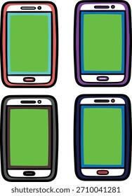 Una ilustración limpia y moderna con cuatro teléfonos inteligentes con pantallas verdes brillantes, perfecto para la edición de teclas cromáticas y maquetas de pantalla digital. Diseñados en un estilo de Vector elegante, estos dispositivos highli