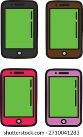 Una ilustración limpia y moderna con cuatro teléfonos inteligentes con pantallas verdes brillantes, perfecto para la edición de teclas cromáticas y maquetas de pantalla digital. Diseñados en un estilo de Vector elegante, estos dispositivos highli