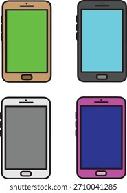Una ilustración limpia y moderna con cuatro teléfonos inteligentes con pantallas verdes brillantes, perfecto para la edición de teclas cromáticas y maquetas de pantalla digital. Diseñados en un estilo de Vector elegante, estos dispositivos highli