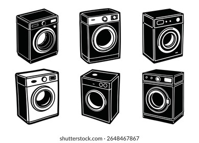 A clean, modern illustration featuring multiple washing machine silhouettes in various states of operation, presented on a plain white background for versatile use in design projects.