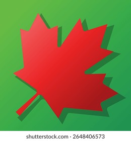 Ilustração limpa e moderna de uma folha de bordo vermelho contra fundo verde, apresentada com um gradiente sutil e uma sombra de queda distinta para um efeito 3D simples.