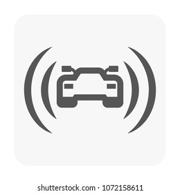 A clean, modern illustration of a sedan with sensor detection waves, symbolizing autonomous driving technology, smart mobility, AI navigation, and the future of intelligent transportation systems.
