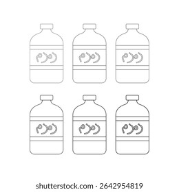 A clean and modern illustration set of six Zamzam water bottles in minimalist line art style. Zamzam water line art, islamic water bottle, hajj umrah icon, zamzam water bottle outline, arabic label 