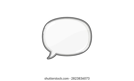 A clean and modern illustration of a single glossy white speech bubble with a black outline, isolated on a white background. The bubble features a subtle reflective sheen, giving it a polished, three-dimensional appearance suitable for communication and dialogue concepts.