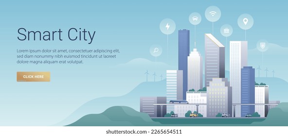 Clean modern illustration of a smart city. Innovative technologies for saving the planet. City landscape with infographic elements. Website template