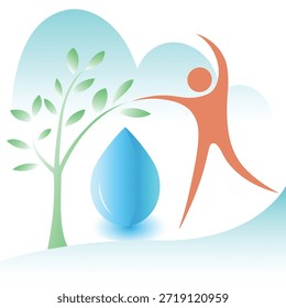 Una ilustración limpia y moderna que simboliza "el agua es vida", que muestra una gota de agua que conecta una figura humana y una planta en crecimiento, que representa la sostenibilidad, la armonía y el Enlace vital entre las personas, la naturaleza y el agua.