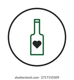 Una Imagen limpia y moderna con una silueta de botella con un corazón sobre un fondo claro, encapsulado dentro de un marco circular oscuro. Los contornos verdes de la botella contribuyen a un