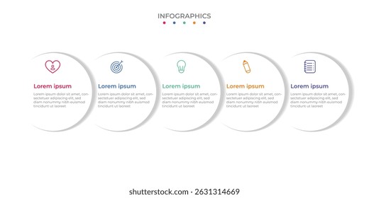 A clean and modern infographic design featuring five circular elements aligned horizontally. Each circle contains an icon, a headline in vibrant color, and placeholder text below.