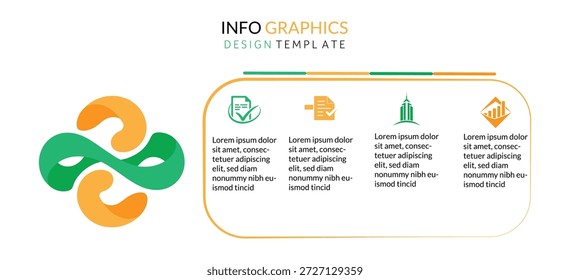 A clean and modern infographic design template featuring an abstract, intertwining green and orange symbol on the left. On the right, a rounded rectangular section is divided into four parts, each containing a distinct icon (a document with a checkmark, a document with an arrow, a building, and a bar chart with an arrow) along with placeholder text. The overall design is suitable for business presentations, data visualization, reports, and conveying information in a visually appealing and organized manner. The color scheme is vibrant yet professional, making it versatile for various corporate or educational contexts.