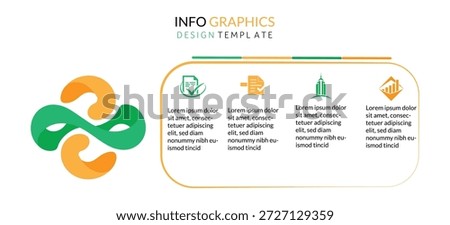 A clean and modern infographic design template featuring an abstract, intertwining green and orange symbol on the left. On the right, a rounded rectangular section is divided into four parts, each containing a distinct icon (a document with a checkmark, a document with an arrow, a building, and a bar chart with an arrow) along with placeholder text. The overall design is suitable for business presentations, data visualization, reports, and conveying information in a visually appealing and organized manner. The color scheme is vibrant yet professional, making it versatile for various corporate or educational contexts.