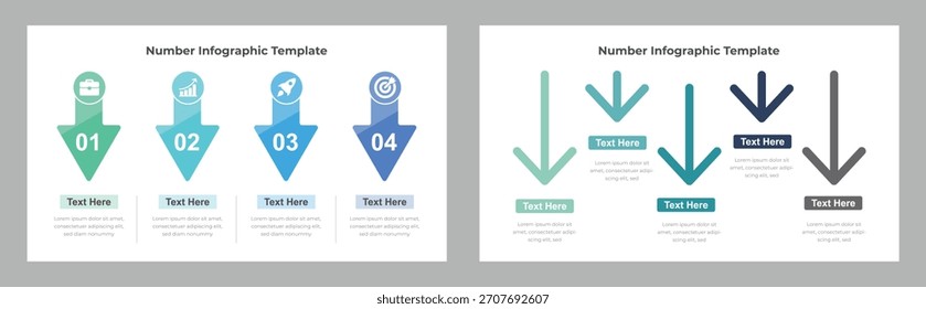 Una infografía limpia y moderna con flechas numeradas con iconos, ideal para una presentación de negocios. Incluye cuadros de texto editables para descripciones y visualización de datos.
