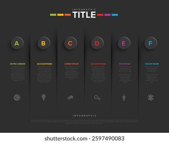A clean, modern infographic template featuring six vertical sections labeled A to F, each with icons and placeholder text. The dark design highlights a structured layout with vibrant colors.