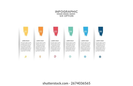 Modelo de infográfico limpo e moderno com seis etapas ou opções coloridas e numeradas com ícones e designs de pincelada, ideais para apresentações de negócios e visualização de processos.