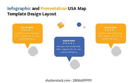A clean, modern infographic template featuring three distinct speech bubble elements for displaying names and detailed textual information.