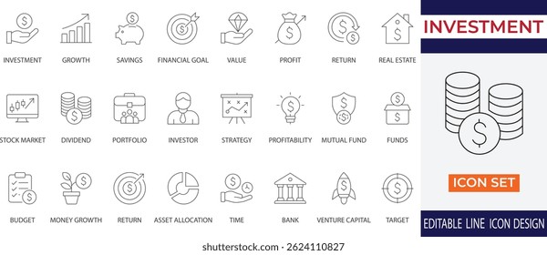 A clean and modern investment line icon set featuring financial growth, savings, real estate, stock market, and budget planning elements.