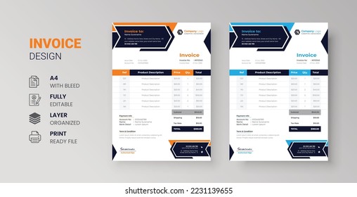 Clean modern invoice design for corporate business marketing company balance sheet letterhead design