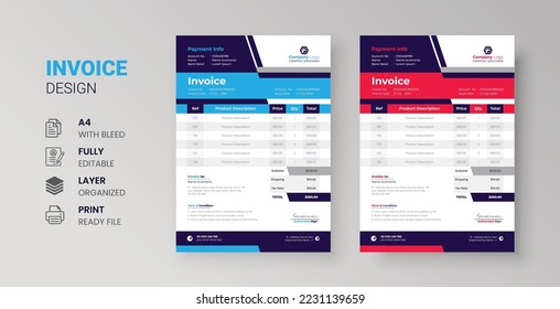 Clean modern invoice design for corporate business marketing company balance sheet letterhead design